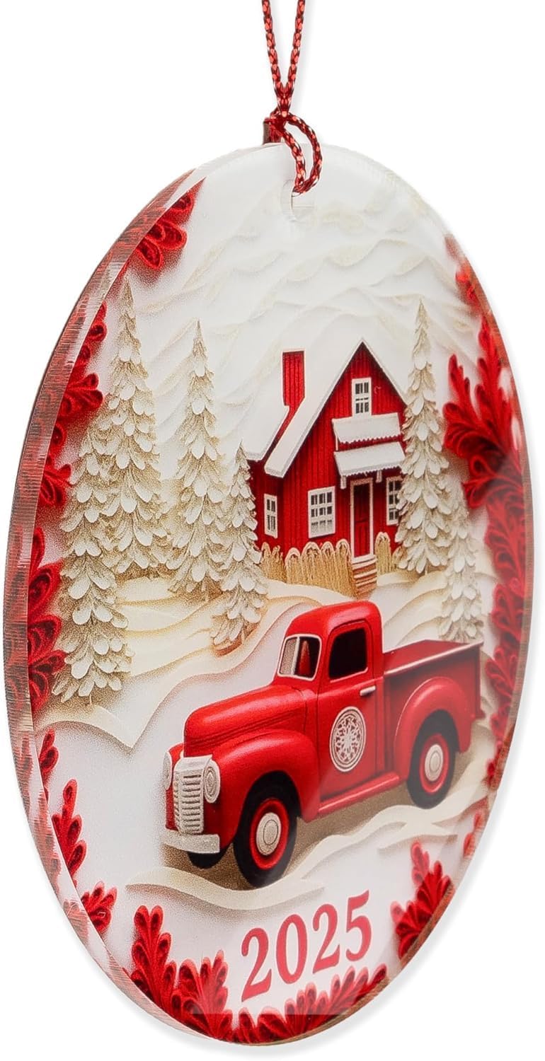 NELXI Red Truck Christmas Ornaments, Christmas Ornaments 2025, Vintage Farmhouse Holiday Decoration, Rustic Red Pickup Scene, Cozy Winter Keepsake, Classic Festive Gift for Tree Display - Image 2